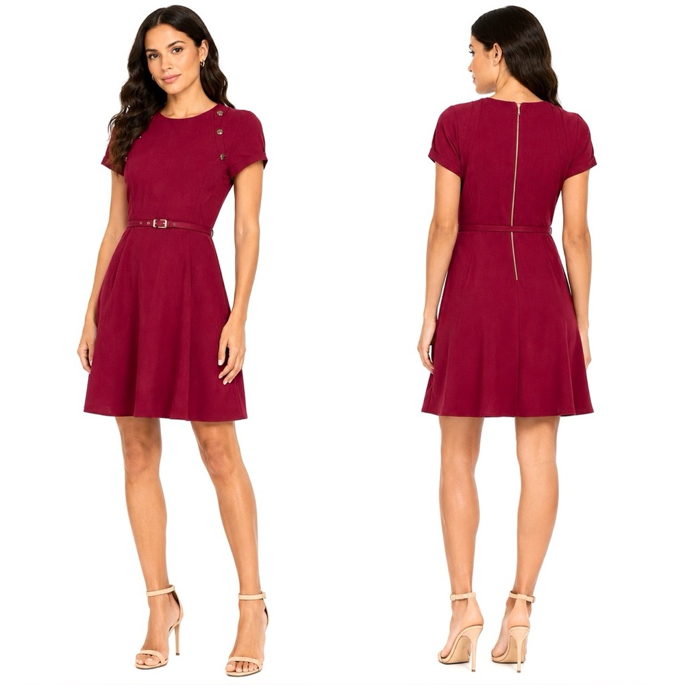 Sharagano Garnet Belted A-Line Dress Size 16 NWT Burgundy Career Church Dress